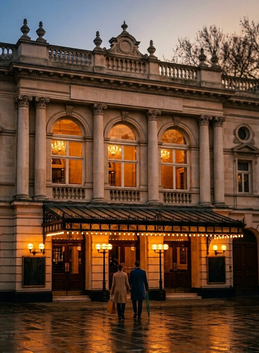 A couple arriving at a lit theatre entrance at dusk