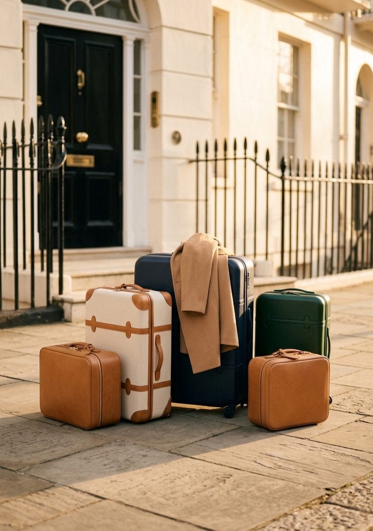 A set of leather and hard-shell suitcases waiting on the pavement outside a black front door