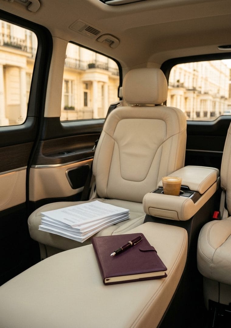 Cream leather seats inside a spacious people carrier, with papers, a notebook and a coffee